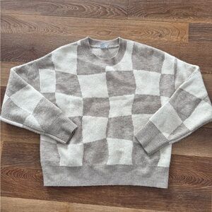 Women's Checkered Crewneck Sweater in Beige and Cream